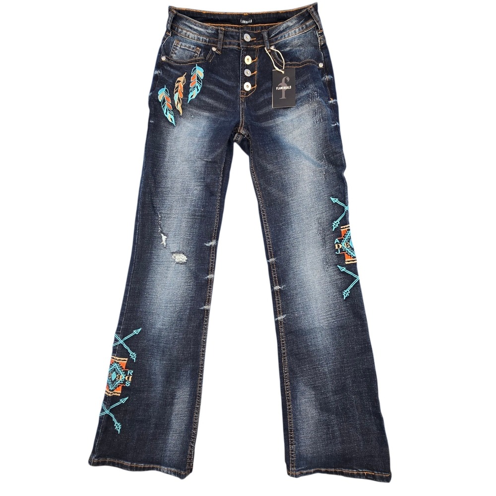 Flamingals Embroidered Flare Jeans High Rise Button Fly Southwestern Distress S